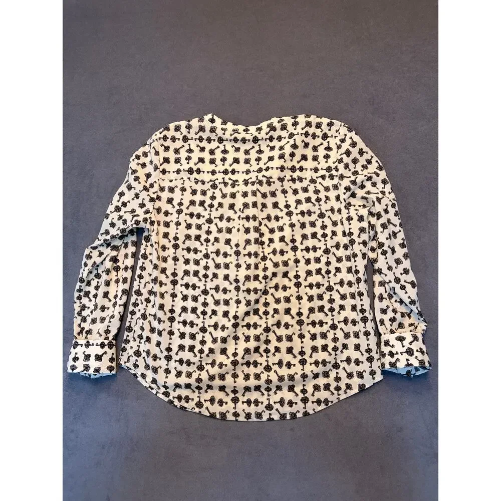 Talbots Cream "key" Print Tunic V-Neck Henley Womens Med Cream/Black Flowy - Picture 3 of 6